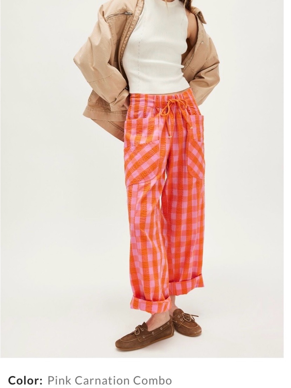 Free People Pink Carnation Combo Check Drawstring Wide-Leg Pants
